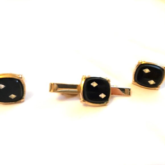 Gold Tone Black Onyx Diamond Tie Tack Clasp Cufflinks Men's Accessories Set - Picture 7 of 8